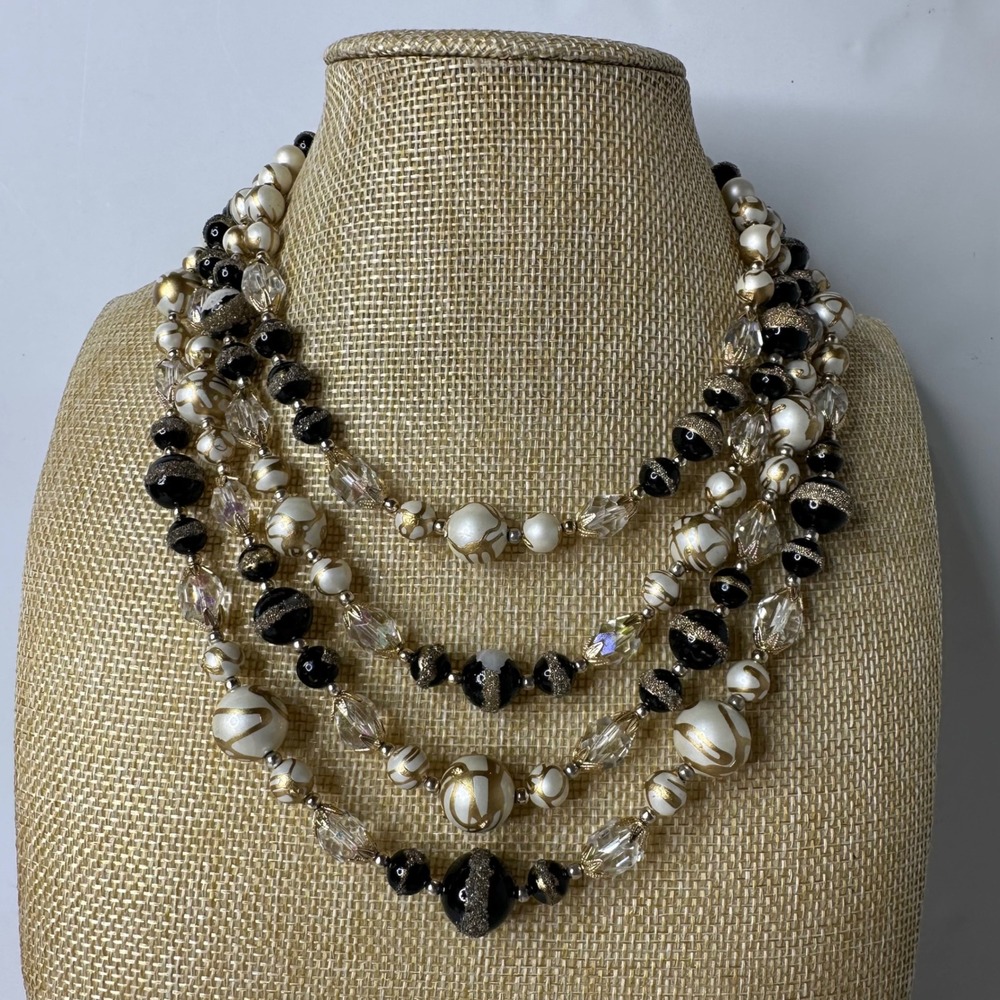 Vtg 4 Strand Beaded Necklace Marked Japan Painted Plastic Beads Statement Layer